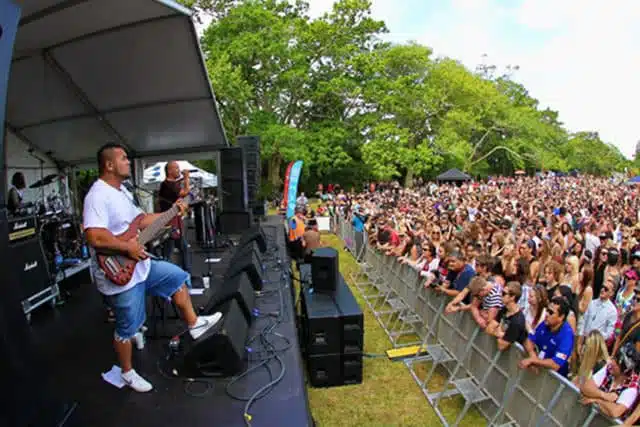 Image of an artist performing on stage at one of New Zealand's many Music in Parks events