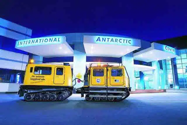 Image of a Haglund parked outside the entrace to the International Antarctic Centre in Christchurch