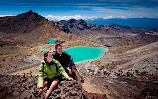 Image looking down onto the Emerald Lakes on the Tonagariro Crossing