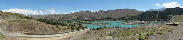 Panoramic image of Benmore Dam, New Zealand's largest man made dam