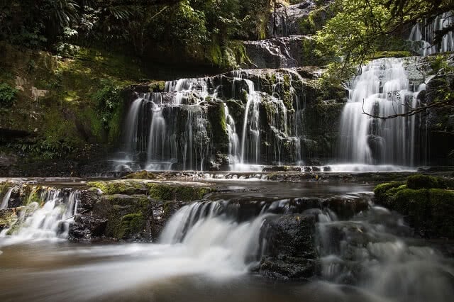 Multi-tiered waterfall, Purakaunui Falls, The Cathlins, New Zealand