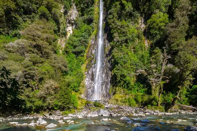 Thunder Creek Falls are located along the Haast Pass