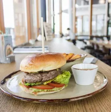 Close up of a plate with burger and fries