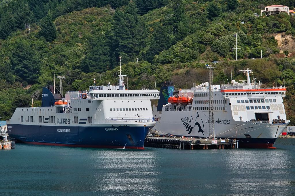 interislander and bluebridge ferry dock up at terminal in new zealand