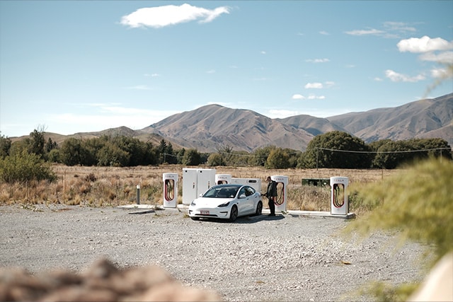 Tesla electric vehicle charging station in New Zealand South Island